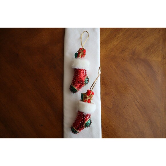 Vtg Lot of 2 Handmade Sequin Beaded Boot Stocking Christmas Ornaments Sulyn - Picture 10 of 12